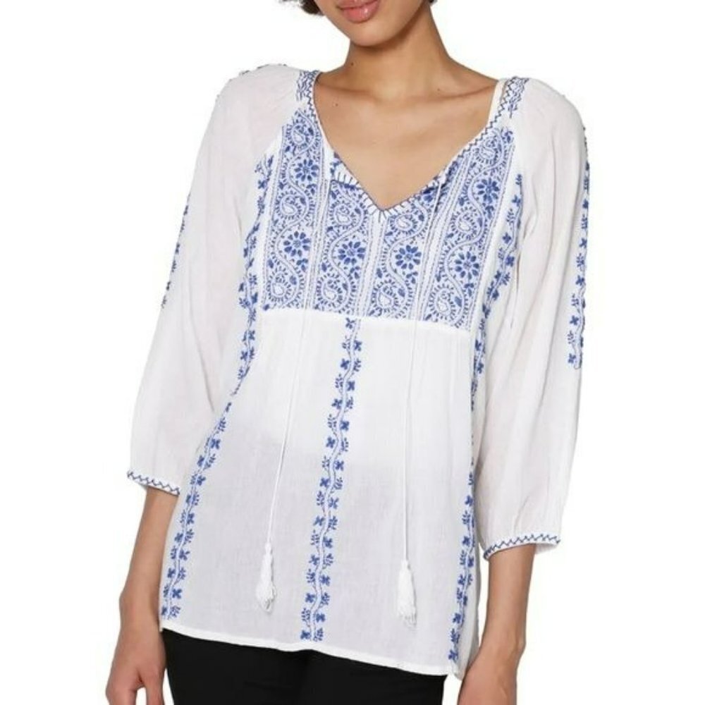 La Cera Floral Embroidered Peasant Top with 3/4 sleeves in white and blue -XL